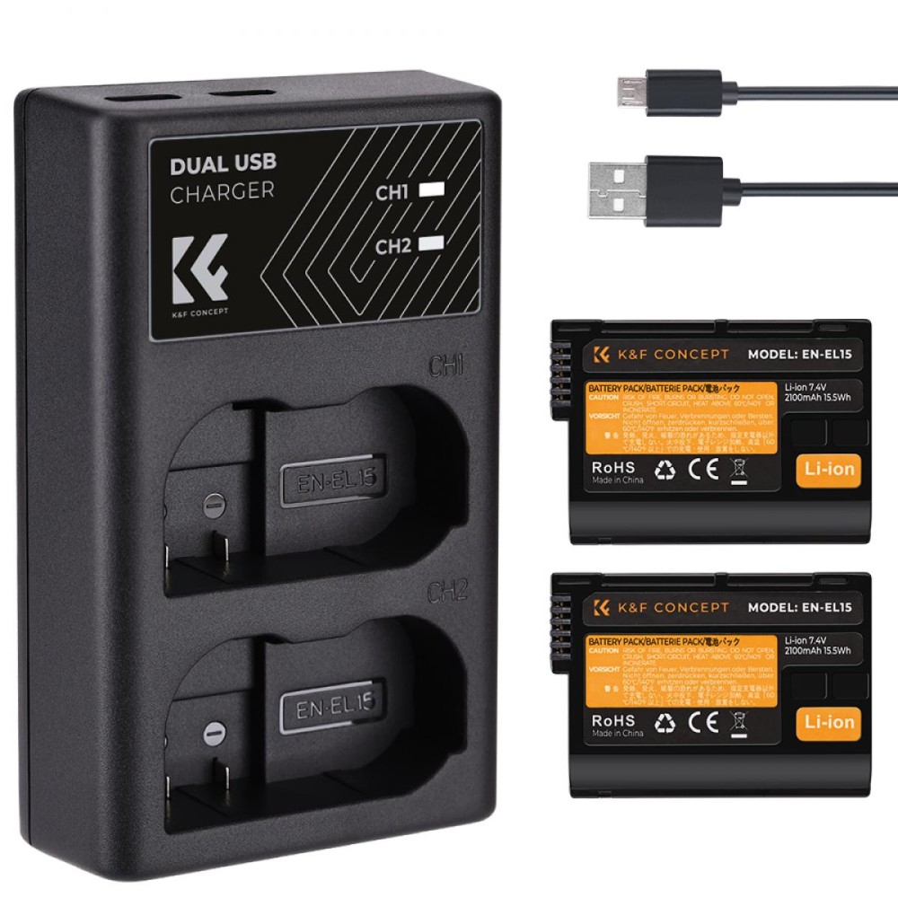 K&F Concept EN-EL15 Battery and Charger Pack - 2 Batteries + Dual Charger