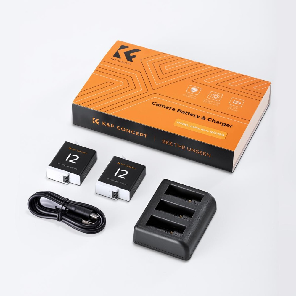 K&F Concept Gopro Hero 12/11/10/9 pack -2 battery + Triple charger