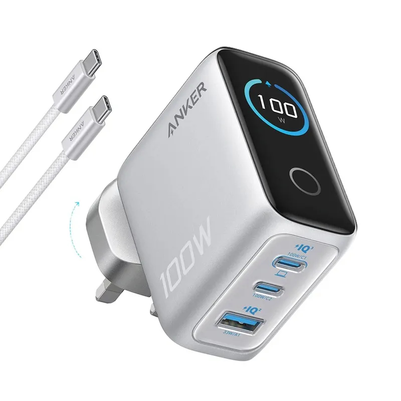 Anker Charger (100W, 3-Ports, Smart Display) with USB-C Cable – B121BK41 – Silver