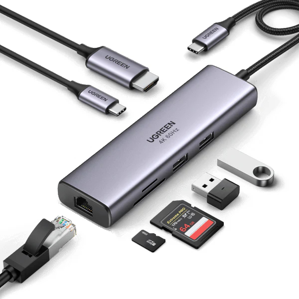 UGREEN  7-in-1 4K HDMI USB C Hub- 2*USB3.0/HDMI/RJ45/SD&TF/100W PD