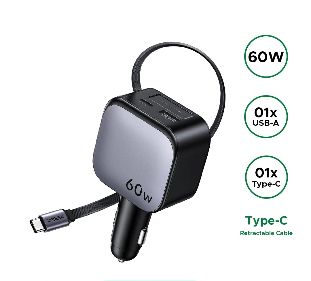 UGREEN 60W Retractable Cable With Type-C+USB Car Charger x